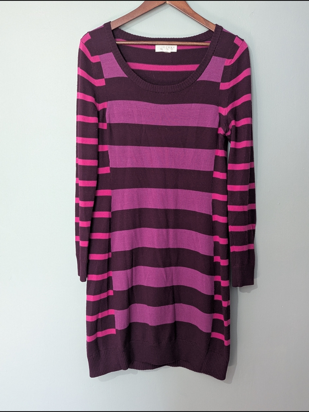 Kenar Women's Marino Wool Striped Scoop Neck Tunic Dress Magenta 90s Grunge - Picture 2 of 11
